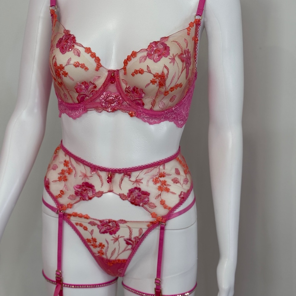 Honey Birdette Sherbert Whitney 3 Piece Set, Bra 30 DDD/F, XS thong & garter - Picture 7 of 8